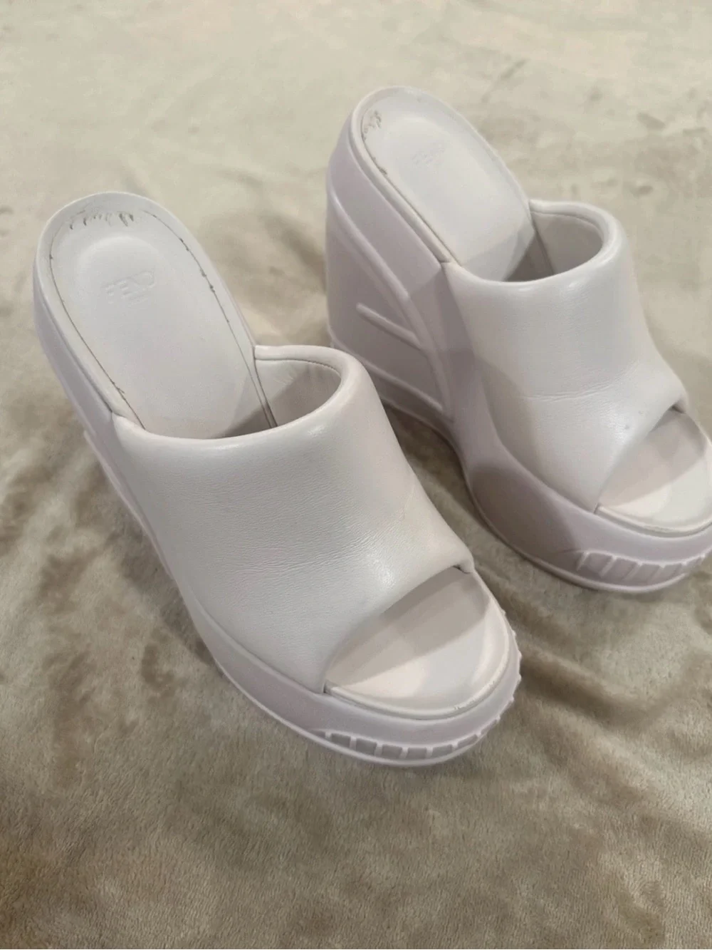 Fendi White Embossed Logo Platform Wedges